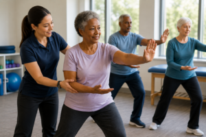 Adult participating in Tai Chi physical therapy balance training.