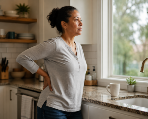 Woman experiencing lower back pain while standing in her kitchen, representing symptoms that may lead to a spine evaluation.