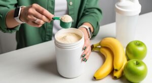 Protein shake, banana, and recovery snack on a counter