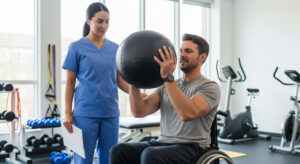 Physical therapist guiding patient through balance training to improve brain-body coordination.
