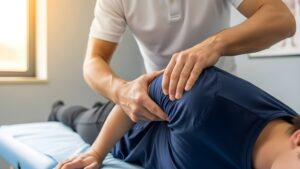 Chiropractor performing a chiropractic adjustment on a patient’s shoulder joint in NJ clinic.