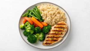 healthy plate with fruits vegetables and protein