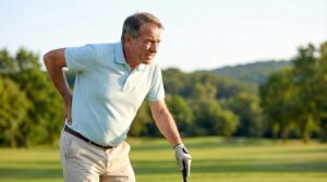 golfer holding lower back pain on course showing physical strain during golf performance