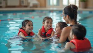Children wearing life vests during supervised swimming lesson in indoor pool