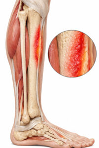 medical illustration of shin splints inflammation along tibia bone showing medial tibial stress syndrome