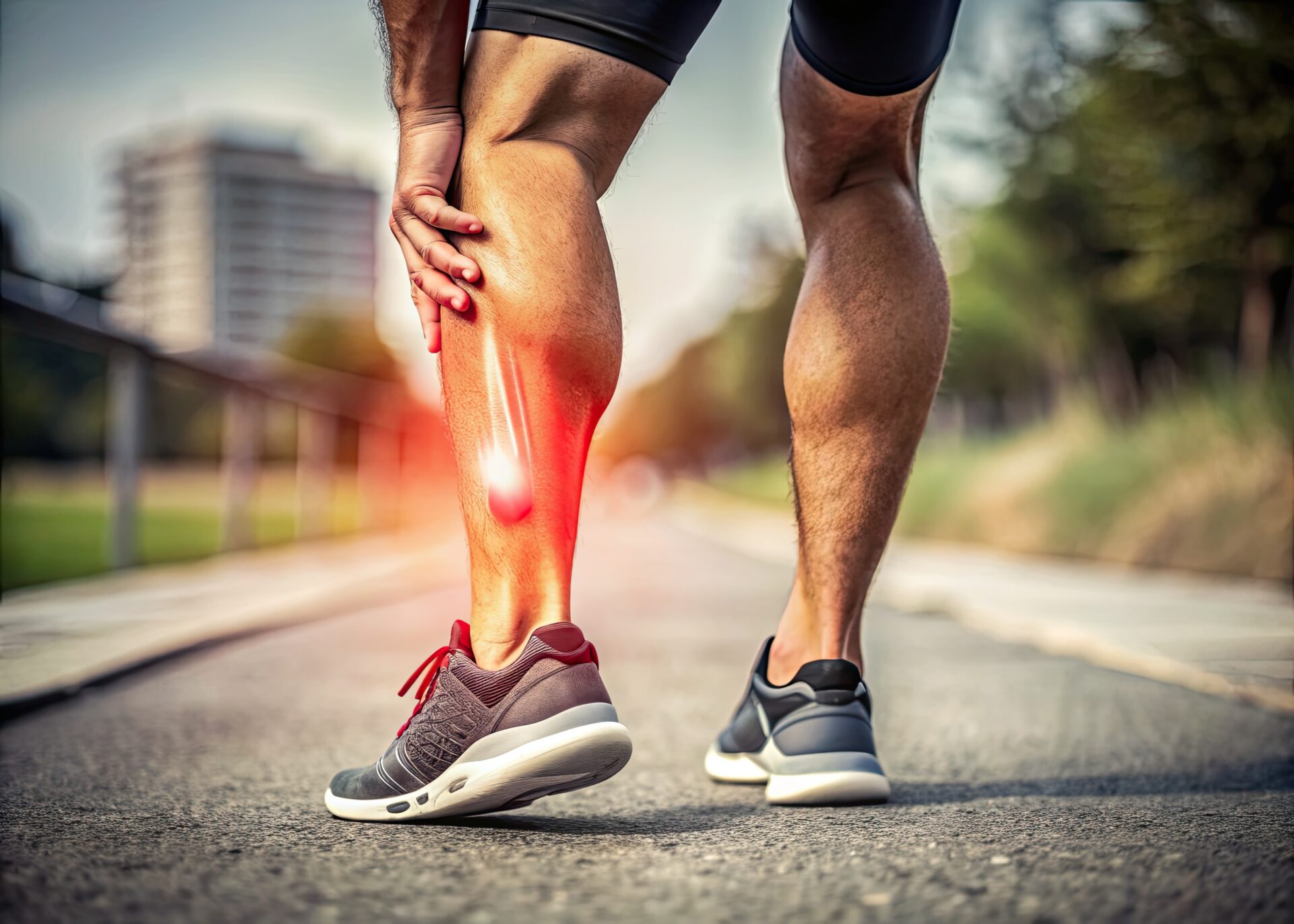 runner holding shin with shin splints pain during outdoor exercise