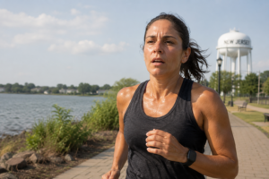 Sweaty female runner exercising outdoors in New Jersey summer heat near a waterfront path