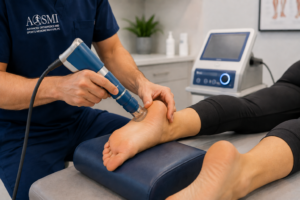 Orthopedic provider performing EPAT shockwave therapy treatment on heel and foot in New Jersey clinic