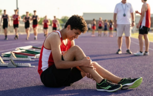 Youth track runner sitting on track and holding lower leg after shin pain during practice
