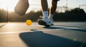 Close-up of pickleball player tying supportive court shoes before play.