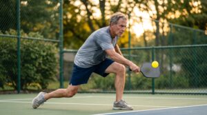 Active adult pickleball player moving laterally on an outdoor court.