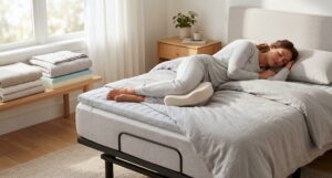 Side sleeper using a pillow between the knees for knee pain and nighttime alignment