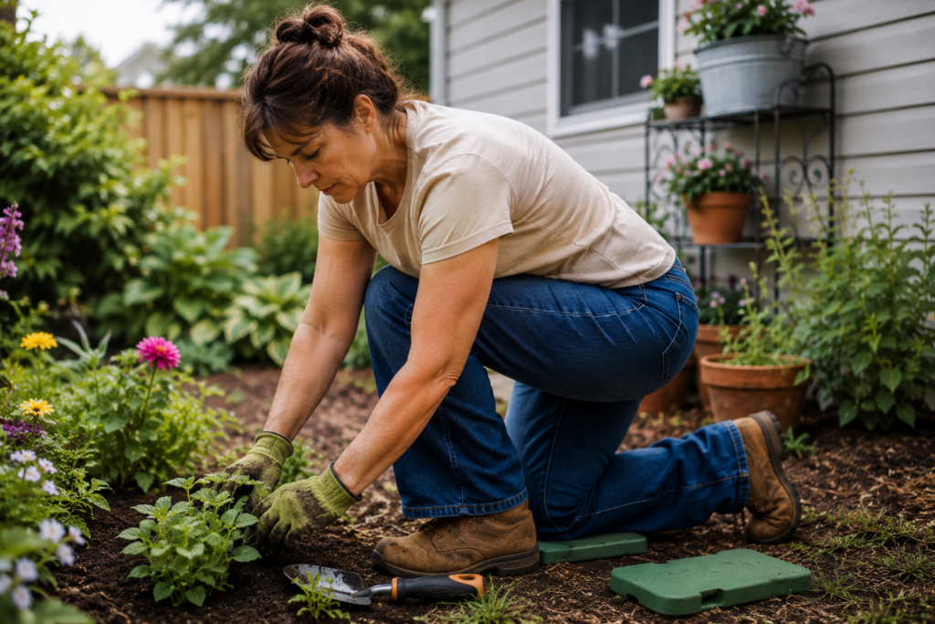 Knee Pain After Gardening or Kneeling Adult gardening on one knee with focus on knee strain after yard work.
