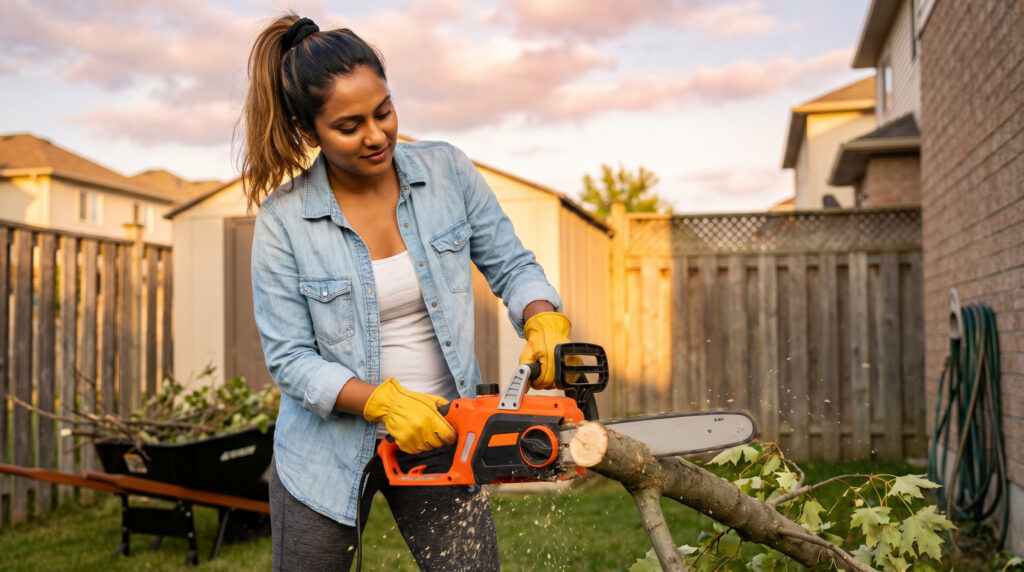 Adult homeowner doing yard work in Toms River with focus on shoulder and elbow strain.