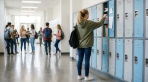 Student organizing textbooks and school supplies in a locker