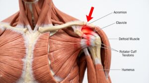Anatomical illustration of the shoulder showing the rotator cuff tendons, acromion, clavicle, deltoid muscle, and humerus.