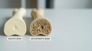 Medical comparison of healthy vertebral bone and weakened osteoporotic bone.
