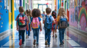 Child wearing a school backpack with both shoulder straps adjusted