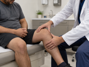 Orthopedic provider examining a seated patient's knee in a clinic