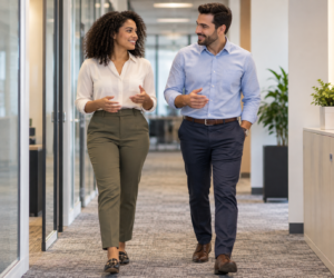 Office worker standing up from a desk chair to take a short walk