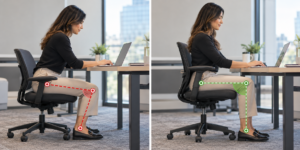 Side-by-side comparison of low and properly adjusted office chair heights with knee-angle guides.