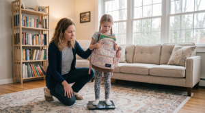 Parent weighing a loaded school backpack for a child